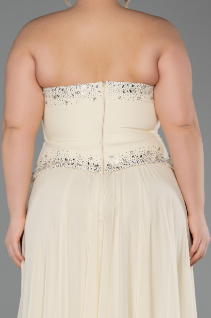 Sarı Taşlı Asimetrik Straplez Peplum Uzun Şifon Abiye ABU6188