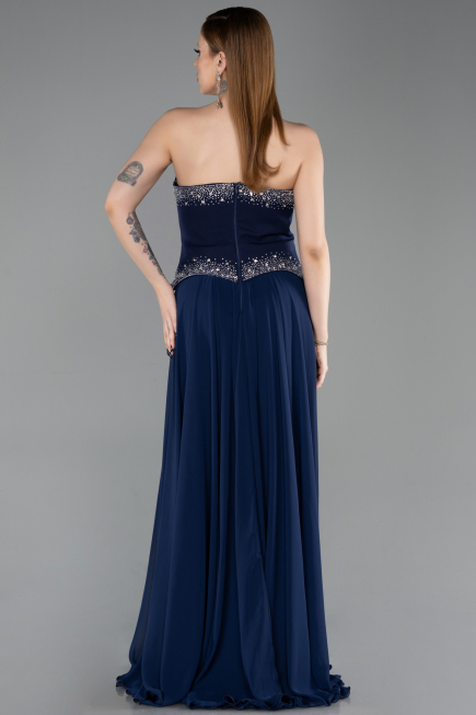Lacivert Taşlı Asimetrik Straplez Peplum Uzun Şifon Abiye ABU6188