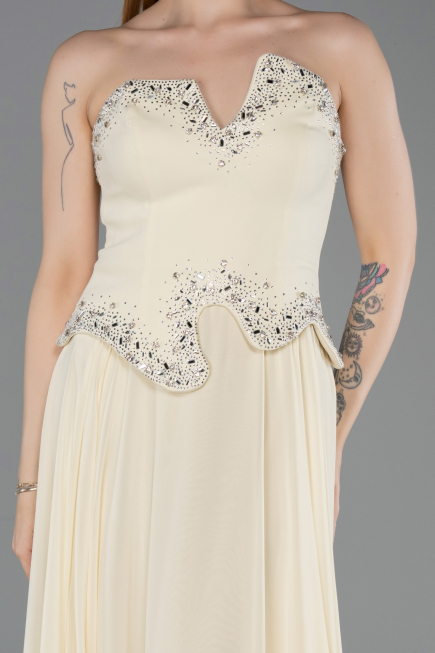 Sarı Taşlı Asimetrik Straplez Peplum Uzun Şifon Abiye ABU6188
