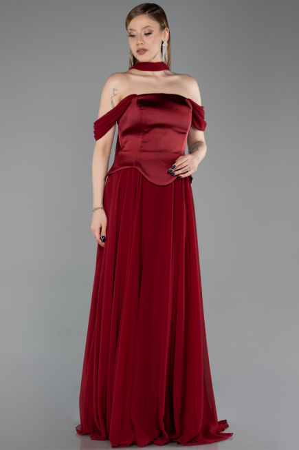 Bordo Kayık Yaka Saten Peplum Kesim Uzun Şifon Abiye ABU5327