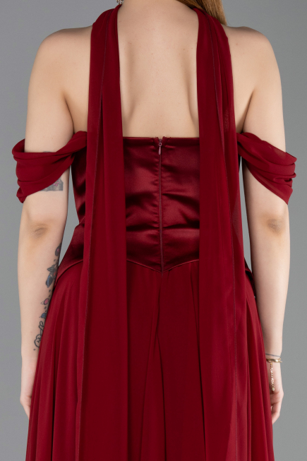 Bordo Kayık Yaka Saten Peplum Kesim Uzun Şifon Abiye ABU5327
