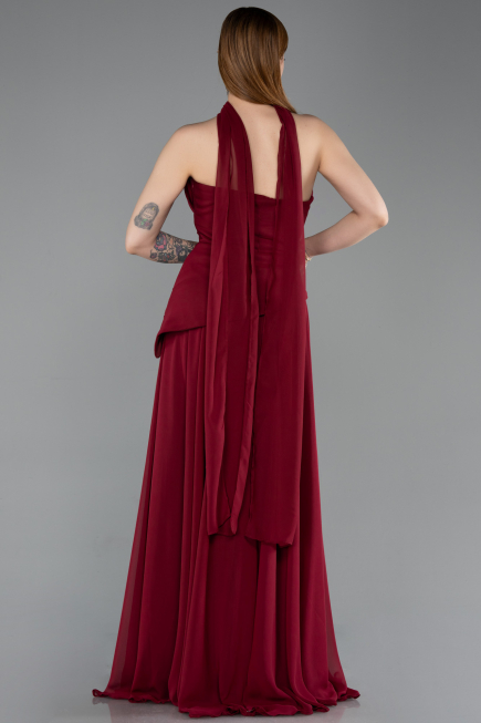 Bordo Straplez Peplum Kesim Uzun Şifon Abiye Elbise ABU5763