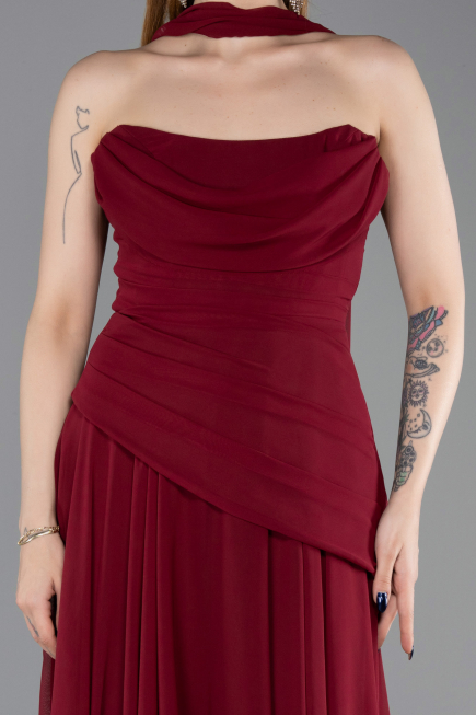 Bordo Straplez Peplum Kesim Uzun Şifon Abiye Elbise ABU5763