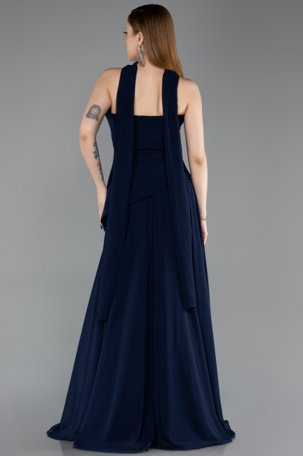 Lacivert Straplez Peplum Kesim Uzun Şifon Abiye Elbise ABU5763