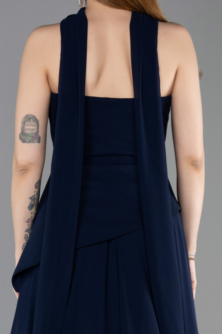 Lacivert Straplez Peplum Kesim Uzun Şifon Abiye Elbise ABU5763
