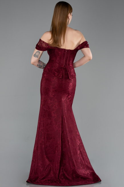 Bordo Kayık Yaka Peplum Kesim Uzun Dantel Abiye Elbise ABU5609