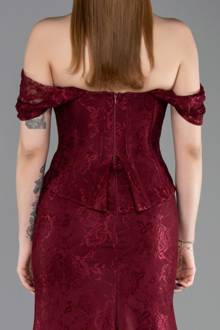 Bordo Kayık Yaka Peplum Kesim Uzun Dantel Abiye Elbise ABU5609