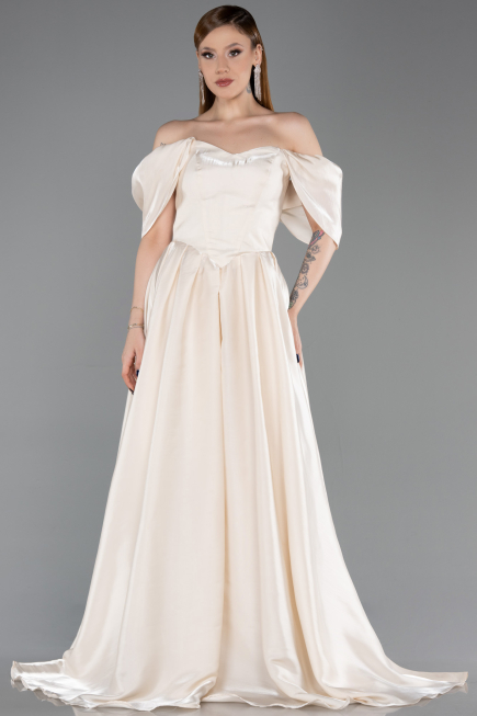 Bej Düşük Omuz Prenses Kesim Uzun Saten Abiye ABU6191