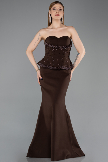 Kahve Straplez Taşlı Peplum Uzun Balık Abiye Elbise ABU6192