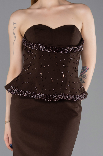 Kahve Straplez Taşlı Peplum Uzun Balık Abiye Elbise ABU6192