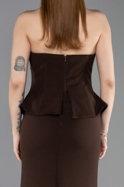 Kahve Straplez Taşlı Peplum Uzun Balık Abiye Elbise ABU6192