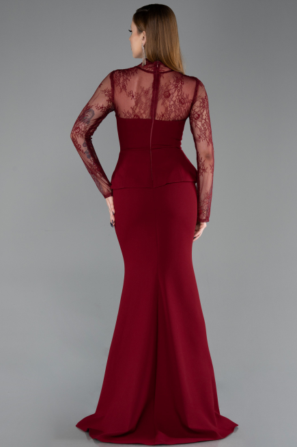 Bordo Dantelli Uzun Kol Peplum Balık Abiye Elbise ABU6194