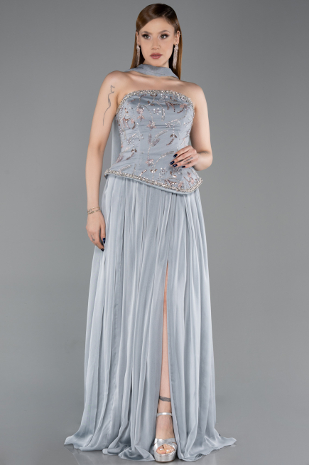 Antrasit Straplez Peplum Kesim Pliseli Uzun Abiye ABU5786