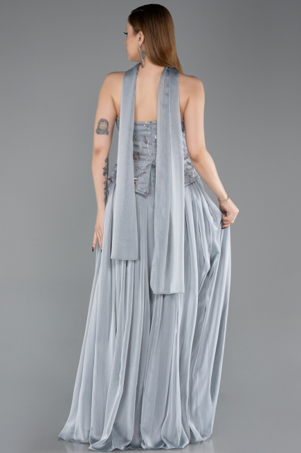 Antrasit Straplez Peplum Kesim Pliseli Uzun Abiye ABU5786