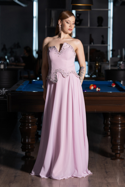 Pudra Taşlı Asimetrik Straplez Peplum Uzun Şifon Abiye ABU6188