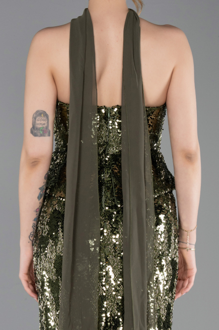 Haki Straplez Yaka Peplum Uzun Pullu Abiye Elbise ABU6202