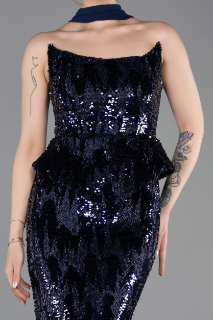 Lacivert Straplez Yaka Peplum Uzun Pullu Abiye Elbise ABU6202