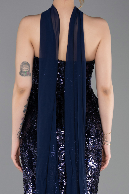 Lacivert Straplez Yaka Peplum Uzun Pullu Abiye Elbise ABU6202