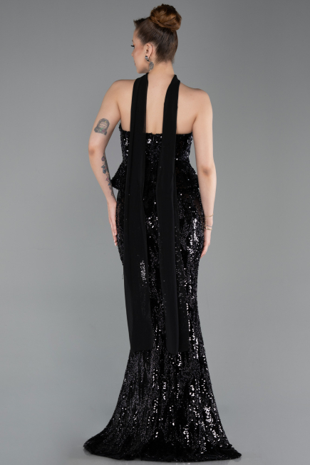 Siyah Straplez Yaka Peplum Uzun Pullu Abiye Elbise ABU6202