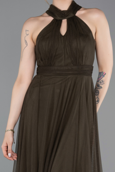 Haki Halter Yaka Uzun Abiye Elbise ABU3252