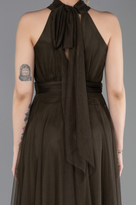 Haki Halter Yaka Uzun Abiye Elbise ABU3252