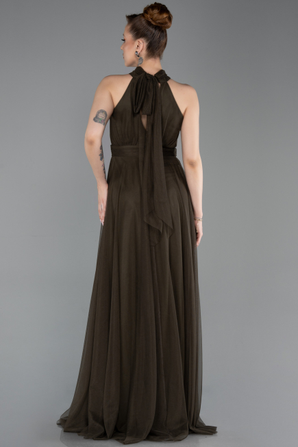 Haki Halter Yaka Uzun Abiye Elbise ABU3252