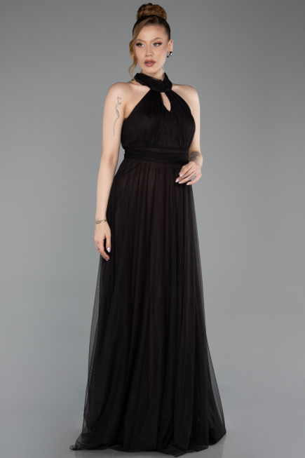 Kahve Halter Yaka Uzun Büyük Beden Abiye ABU3253