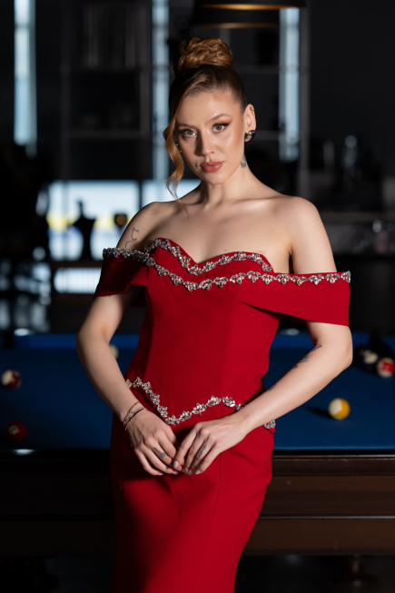 Kırmızı Taş İşlemeli Peplum Uzun Balık Abiye Elbise ABU6198