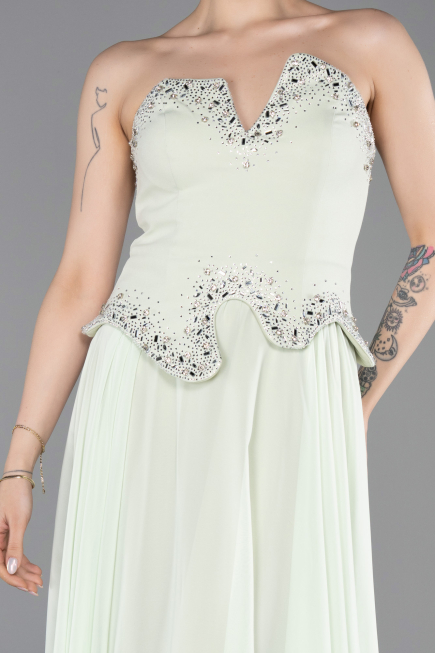 Mint Taşlı Asimetrik Straplez Peplum Uzun Şifon Abiye ABU6188