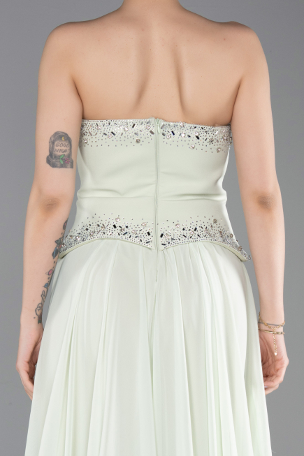 Mint Taşlı Asimetrik Straplez Peplum Uzun Şifon Abiye ABU6188