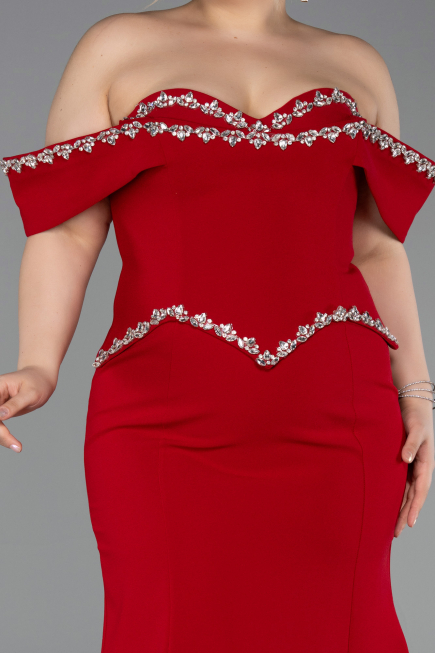 Kırmızı Taş İşlemeli Peplum Uzun Büyük Beden Abiye ABU6199