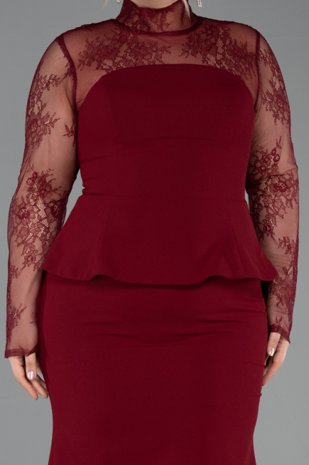 Bordo Dantelli Uzun Kol Peplum Büyük Beden Abiye ABU6195