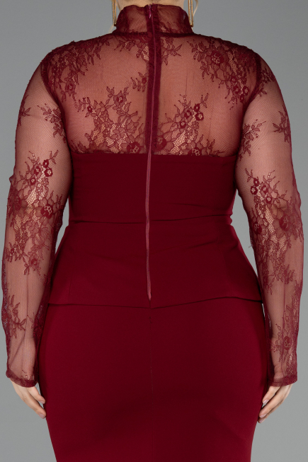 Bordo Dantelli Uzun Kol Peplum Büyük Beden Abiye ABU6195