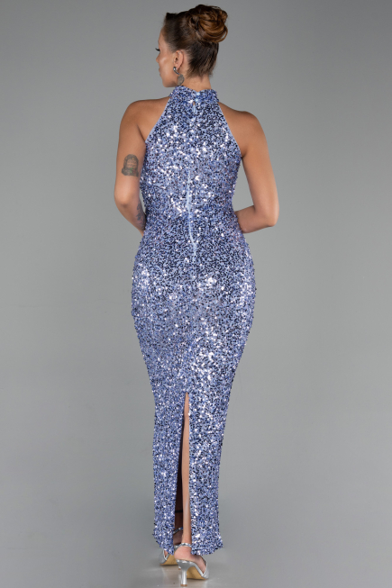 İndigo Halter Yaka Midi Pul Payet Abiye Elbise ABK2474