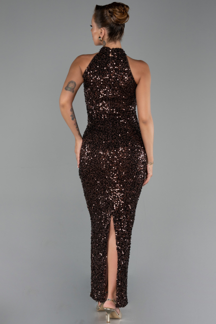 Kahve Halter Yaka Midi Pul Payet Abiye Elbise ABK2474