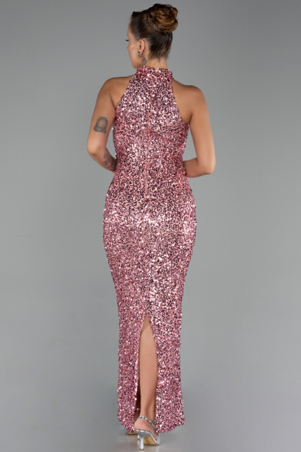 Pudra Halter Yaka Midi Pul Payet Abiye Elbise ABK2474