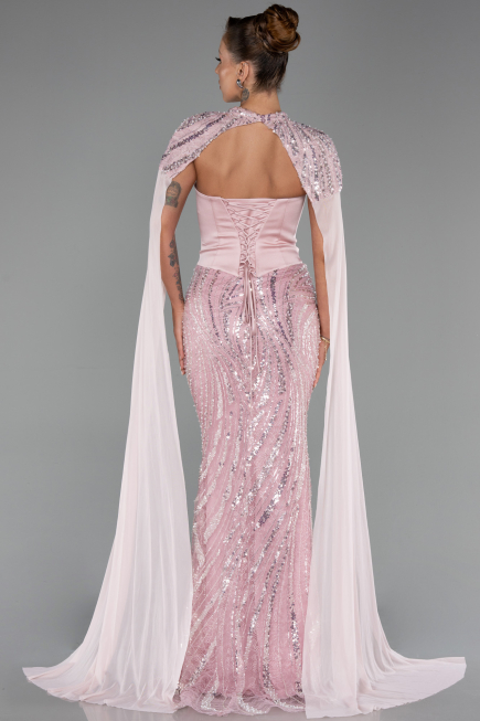 Pudra Saten Straplez Yaka Pelerinli Uzun Boncuklu Abiye ABU6315