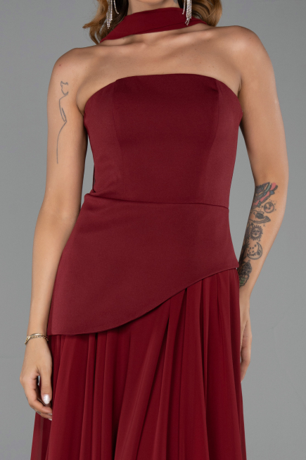 Bordo Straplez Peplum Kesim Şallı Uzun Şifon Abiye ABU6042
