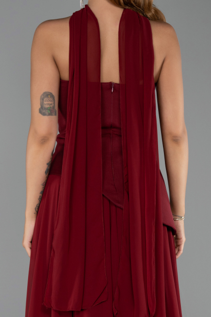 Bordo Straplez Peplum Kesim Şallı Uzun Şifon Abiye ABU6042