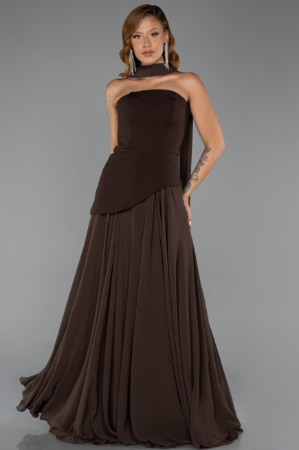 Kahve Straplez Peplum Kesim Şallı Uzun Şifon Abiye ABU6042