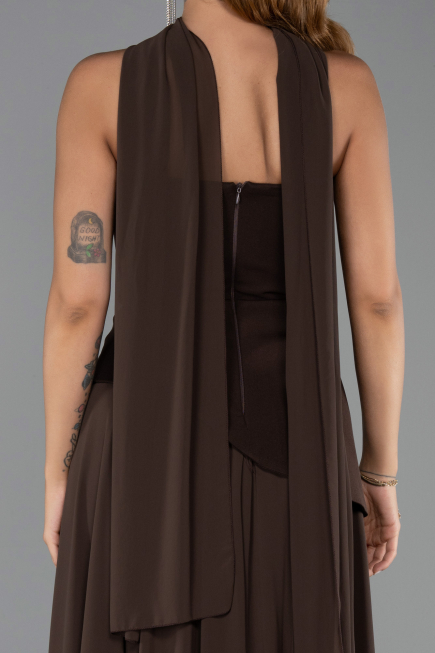 Kahve Straplez Peplum Kesim Şallı Uzun Şifon Abiye ABU6042