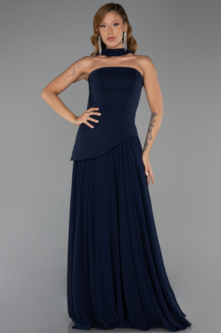 Lacivert Straplez Peplum Kesim Şallı Uzun Şifon Abiye ABU6042