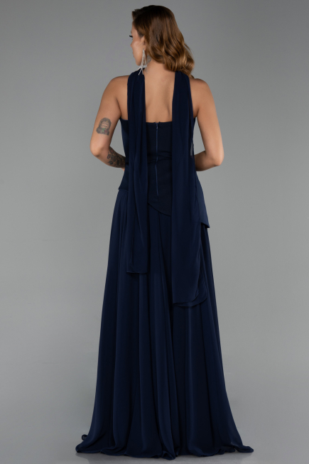 Lacivert Straplez Peplum Kesim Şallı Uzun Şifon Abiye ABU6042