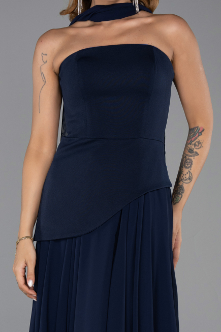 Lacivert Straplez Peplum Kesim Şallı Uzun Şifon Abiye ABU6042