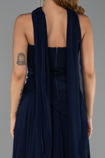 Lacivert Straplez Peplum Kesim Şallı Uzun Şifon Abiye ABU6042