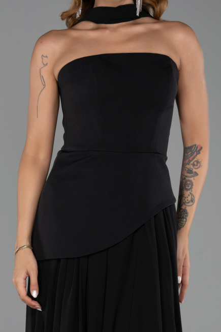 Siyah Straplez Peplum Kesim Şallı Uzun Şifon Abiye ABU6042