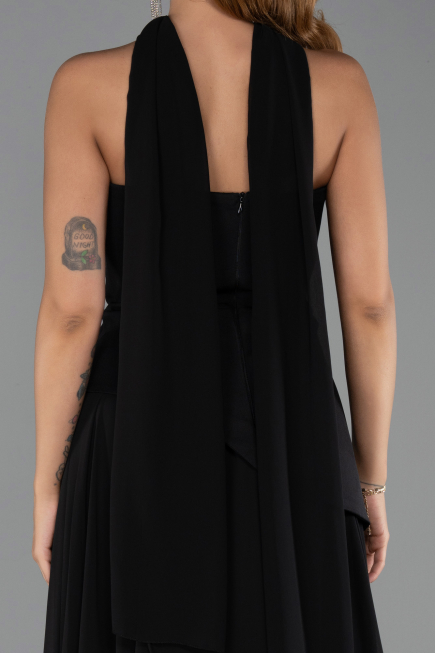 Siyah Straplez Peplum Kesim Şallı Uzun Şifon Abiye ABU6042