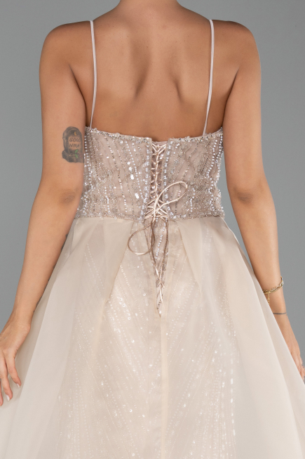 Bej Portatif Üst Detay Kuyruklu Uzun Boncuklu Abiye ABU5730