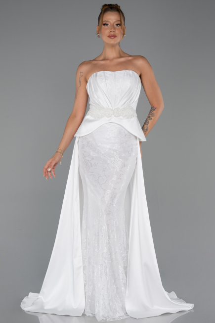 Ekru Straplez Peplum Kesim Kuyruklu Uzun Dantel Abiye ABU5615