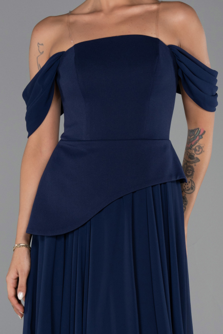 Lacivert Kayık Yaka Peplum Uzun Şifon Abiye Elbise ABU6345